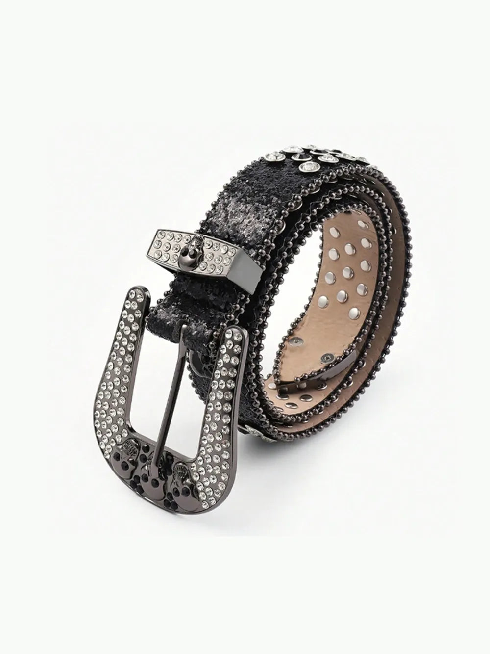 Black studded belt with a silver buckle on a white background