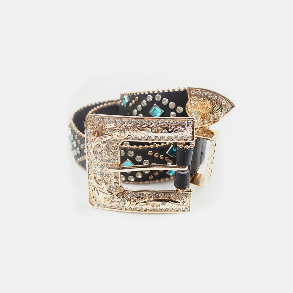  Rhinestone Inlaid PU Leather Belt Goddess Copper PU leather belt with subtle inlaid rhinestone detail
