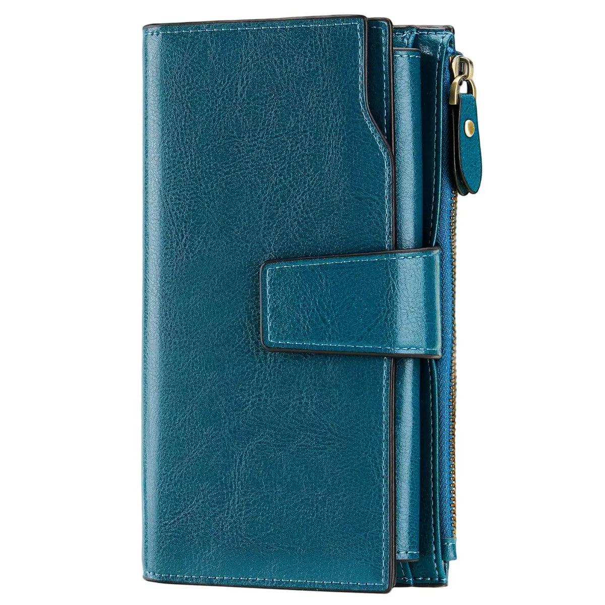 Blue leather wallet with a strap on a white background