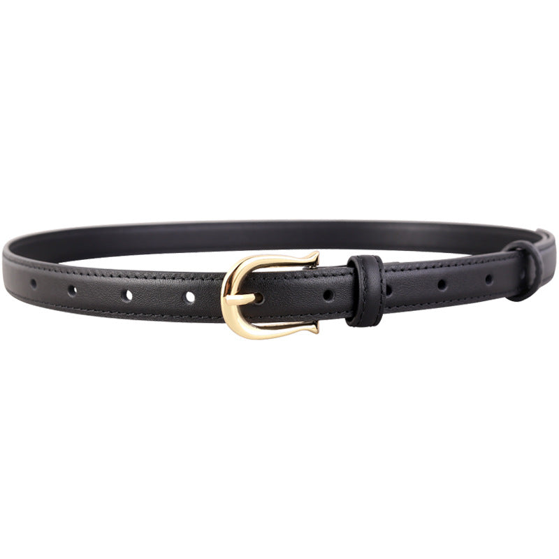 Black leather belt with a gold buckle on a white background