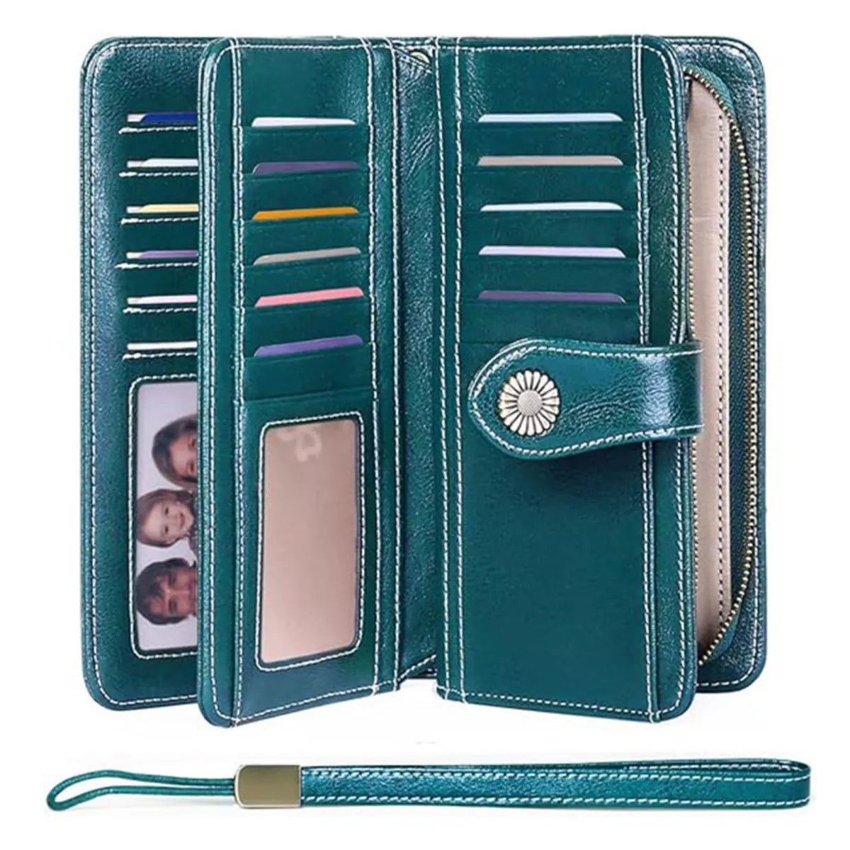 Teal wallet with multiple card slots and a wrist strap on a white background