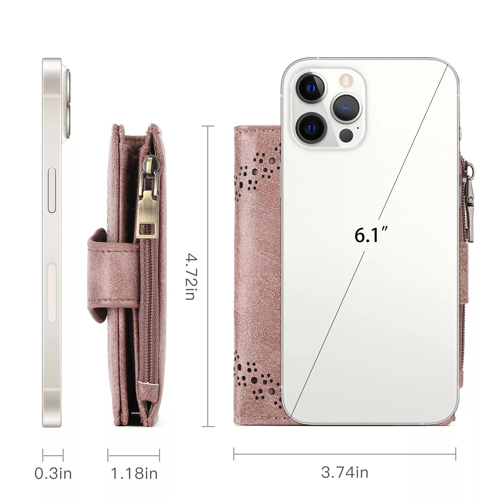 Wallet with dimensions displayed on a white background