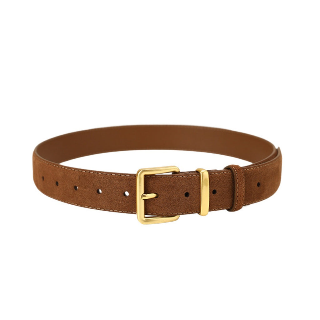 Brown belt with a gold buckle on a white background