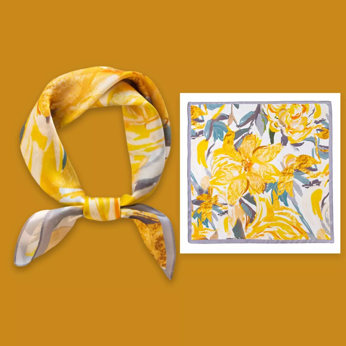 Yellow floral scarf with matching print on a mustard yellow background