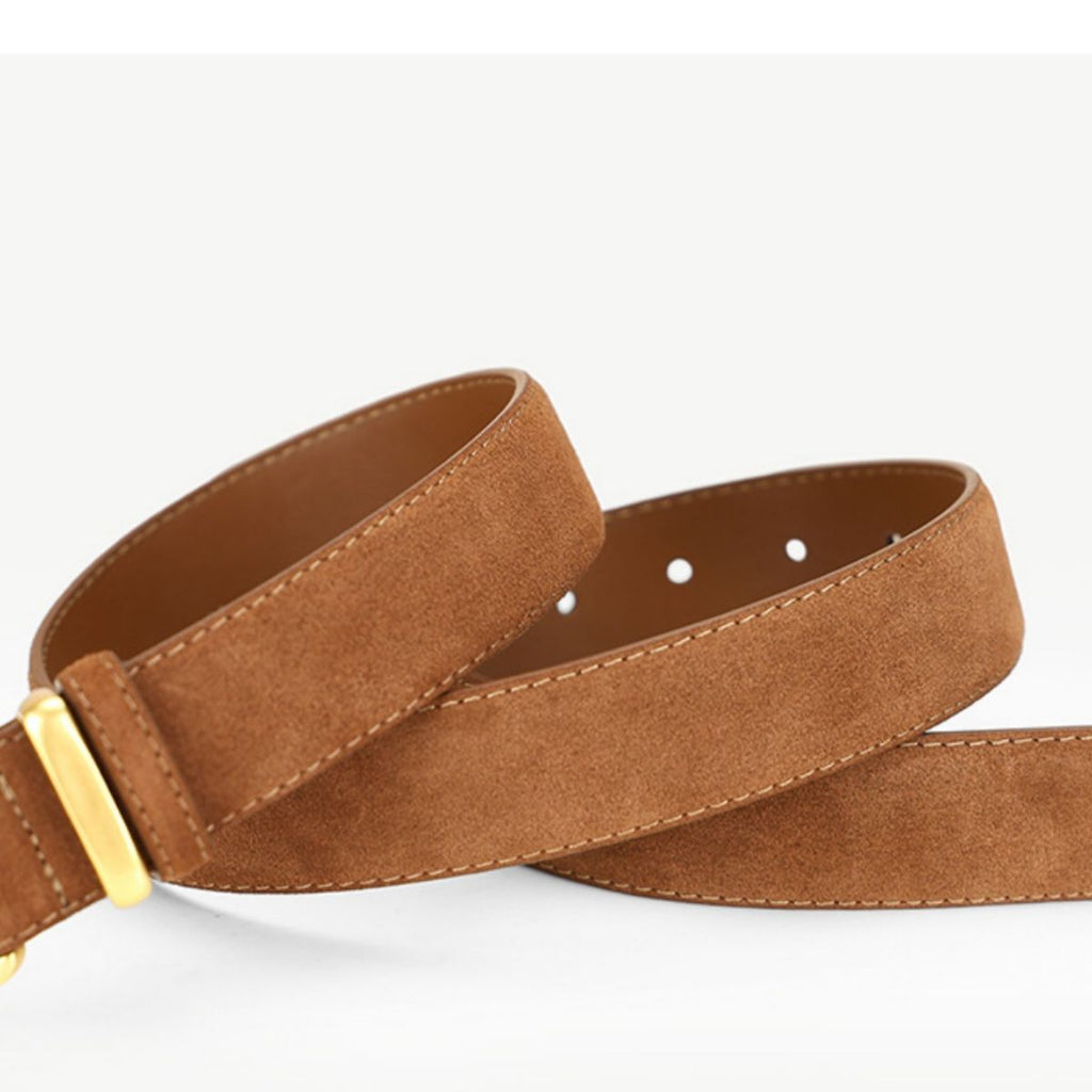 Brown suede belt with a gold buckle on a white background