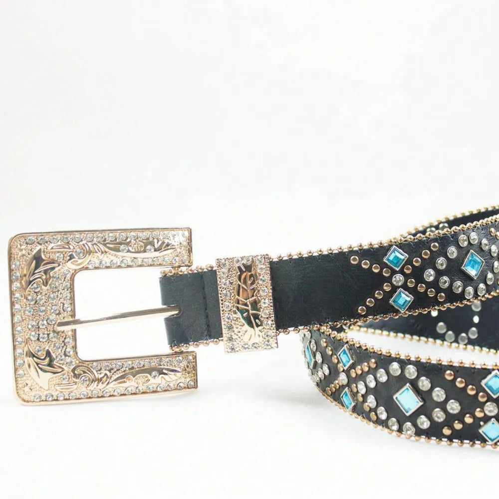  Rhinestone Inlaid PU Leather Belt Goddess Copper PU leather belt with subtle inlaid rhinestone detail
