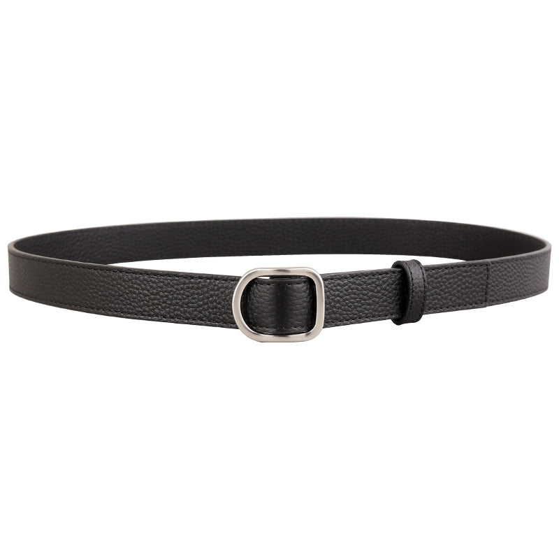 Black leather belt with a silver buckle on a white background