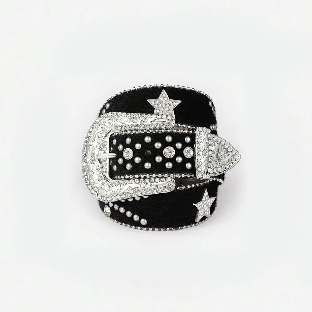 Black belt buckle with star designs and rhinestones on a white background