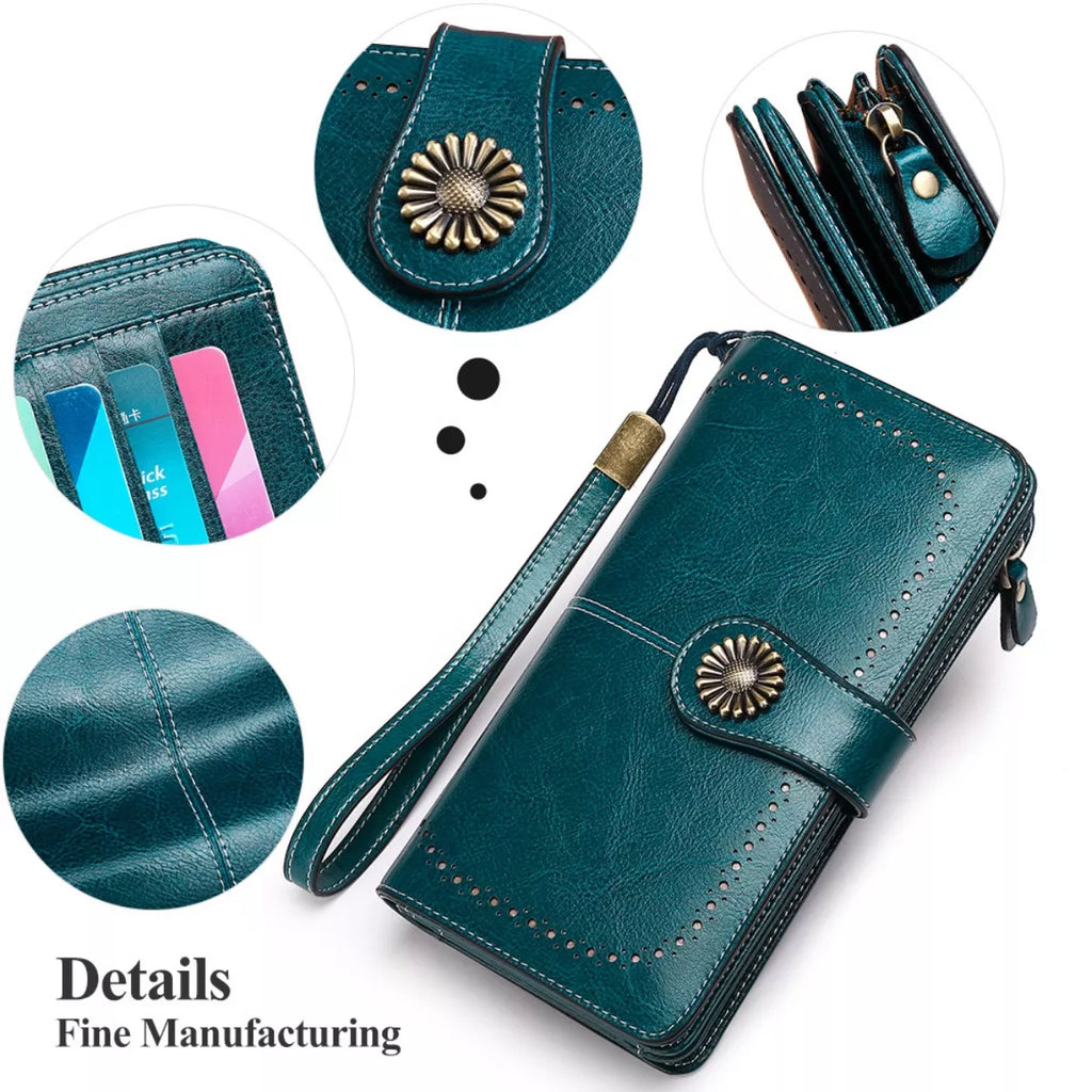 Teal wallet with decorative button and wrist strap, shown from multiple angles on a white background.