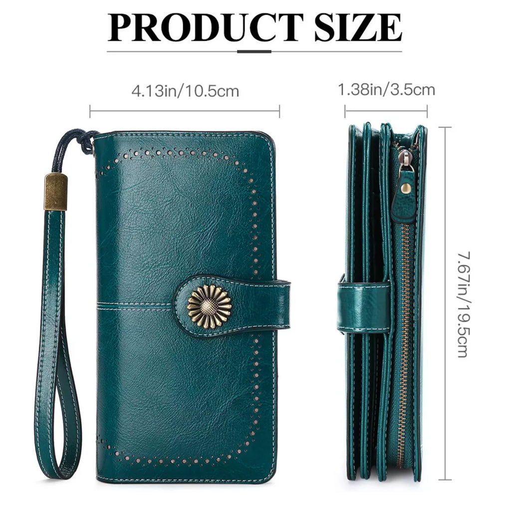 Teal wallet with measurements on a white background