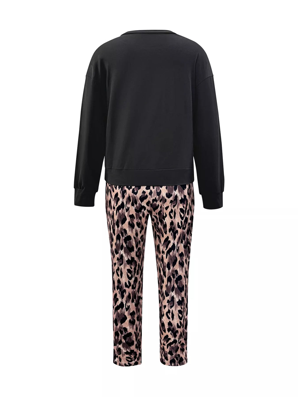 Black sweatshirt and leopard print pants on a white background