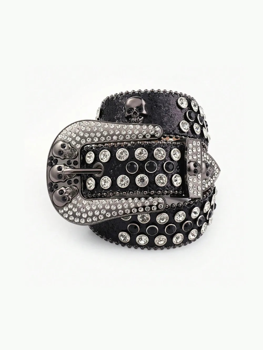 Black studded belt with skull design on a white background