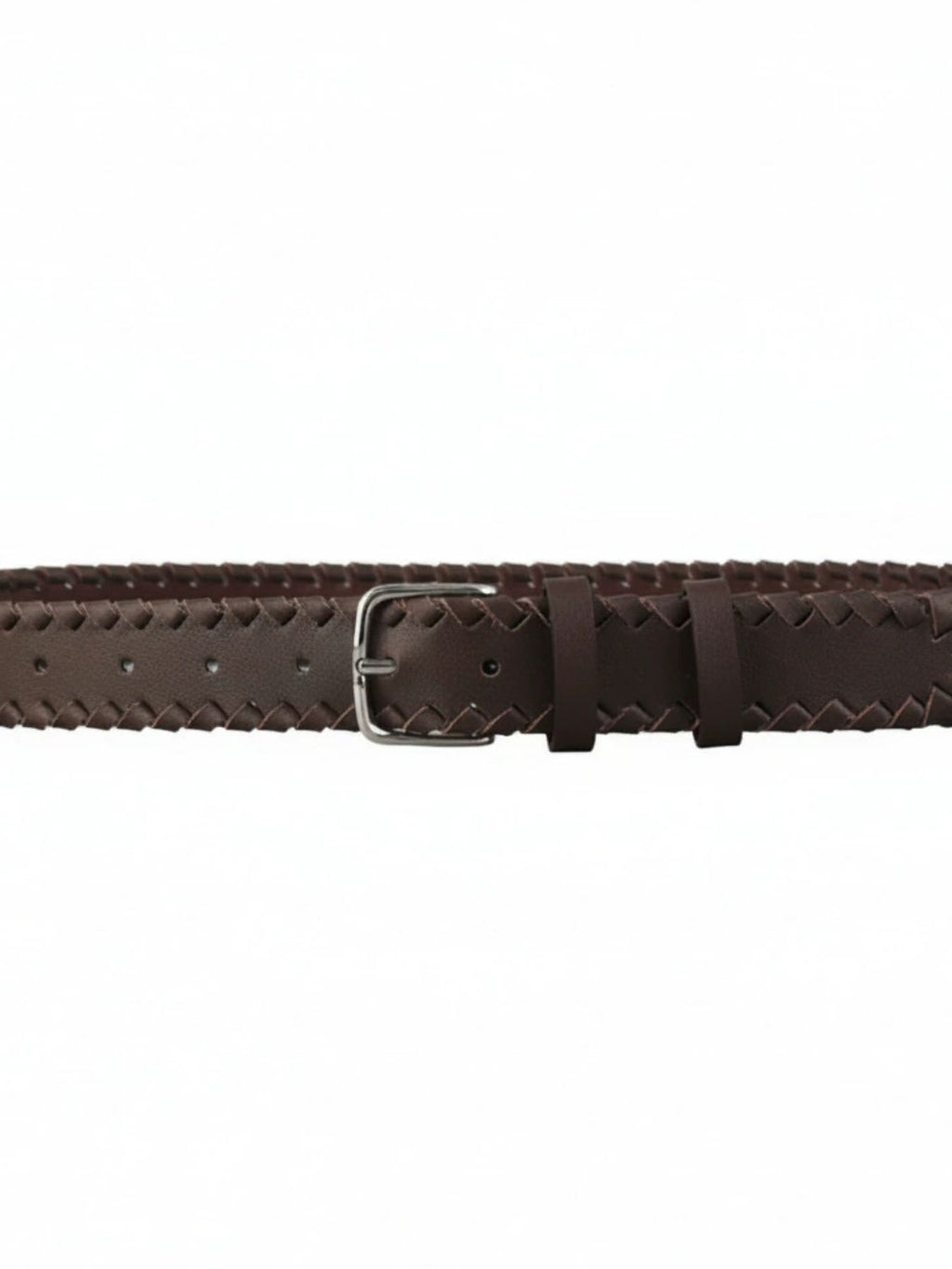 Brown braided belt with a silver buckle on a white background