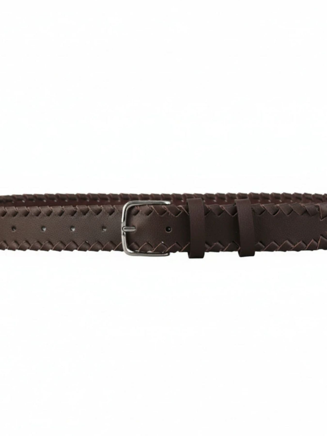 Brown braided belt with a silver buckle on a white background