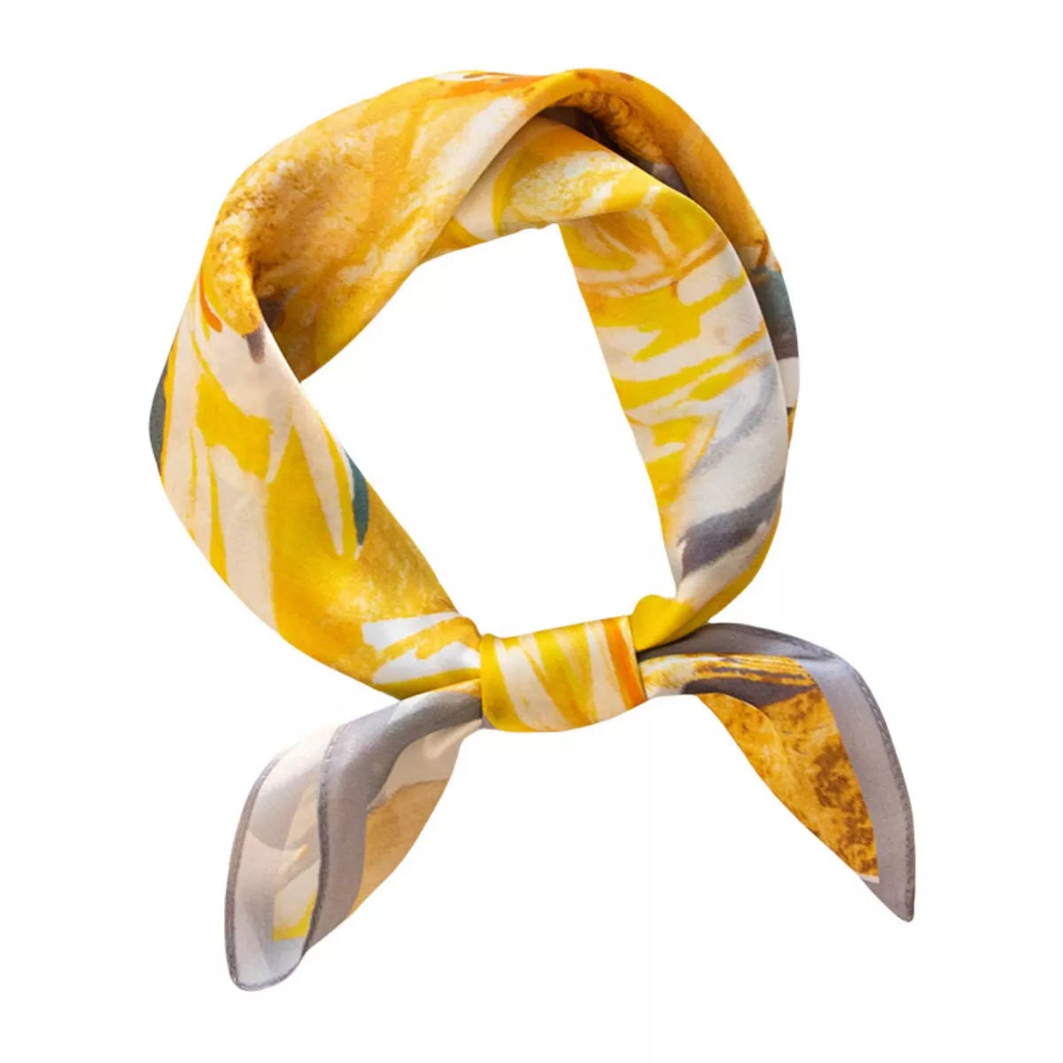 Yellow and gray patterned headscarf on a white background