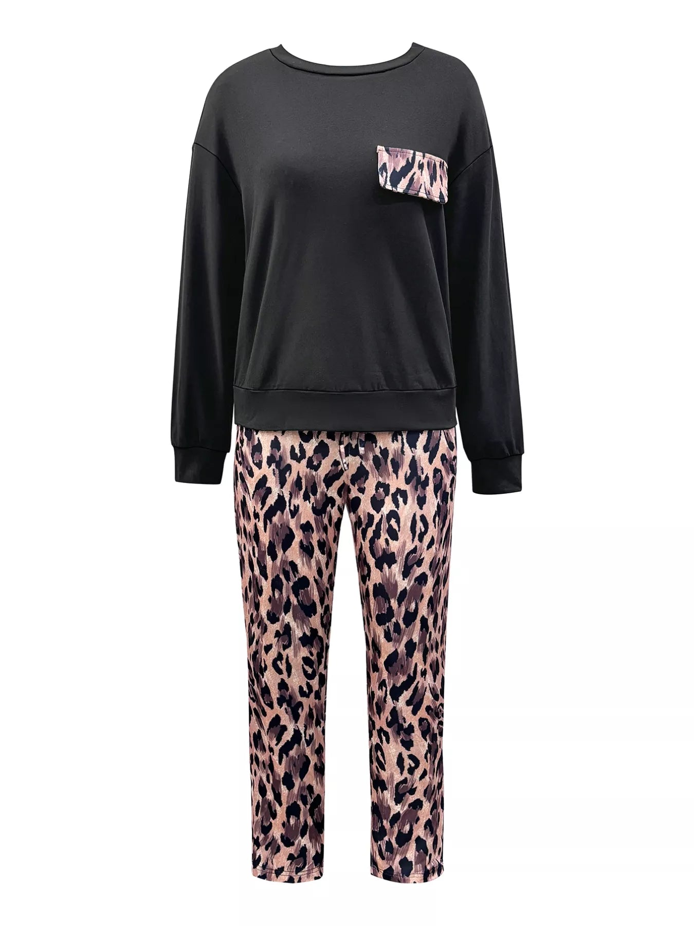 Black sweatshirt with leopard print pocket and leopard print pants on a white background