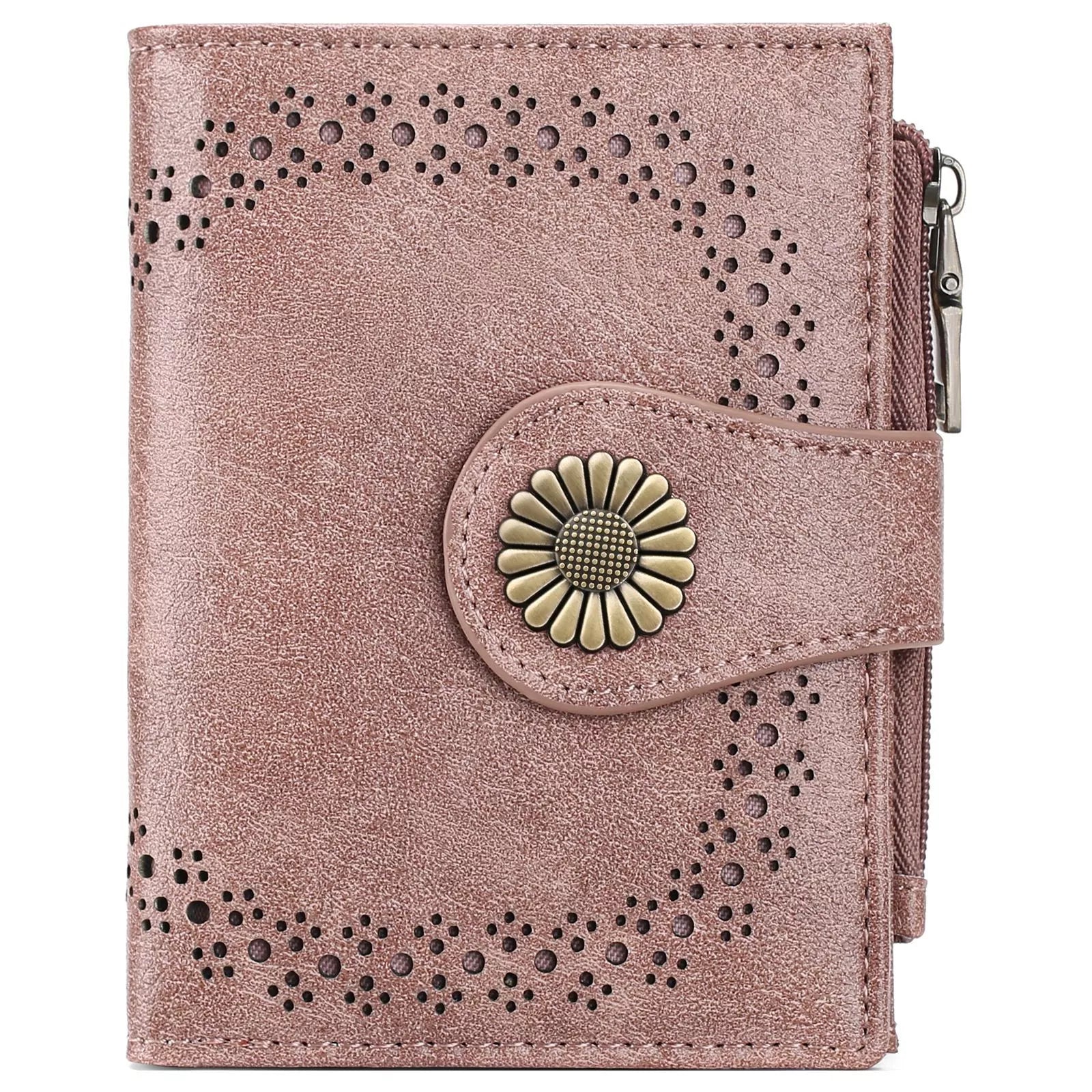 Pink wallet with floral design and button on a white background