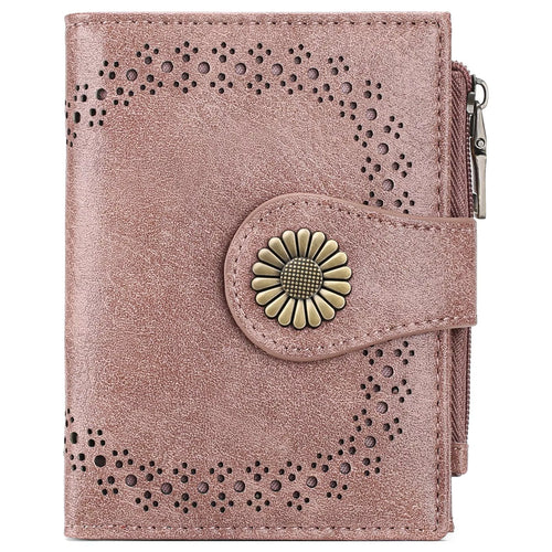 Pink wallet with floral design and button on a white background