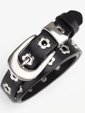 Black leather bracelet with silver buckle on a white background