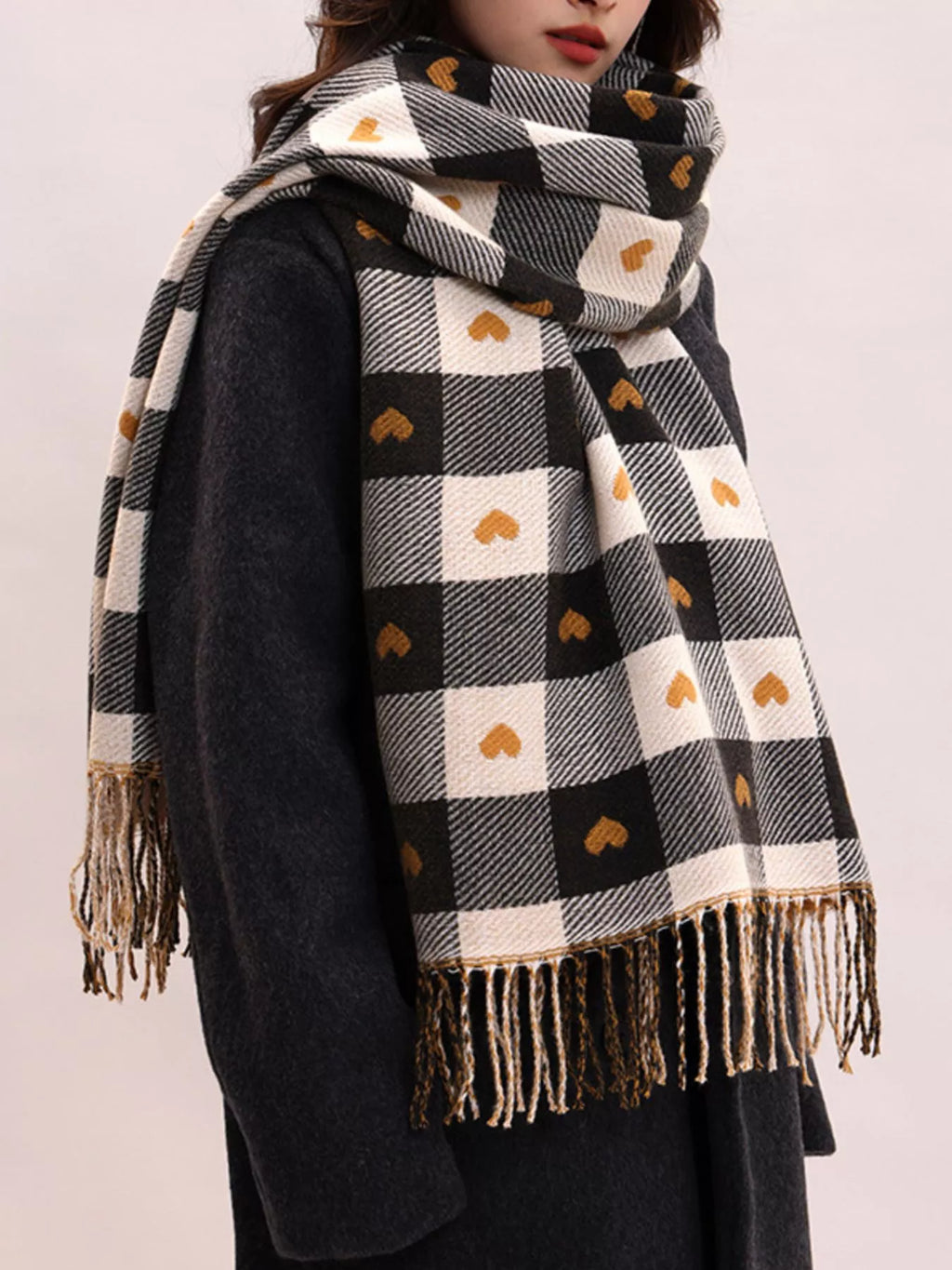  Heart Pattern Plaid Tassel Scarf Goddess Copper heart pattern plaid scarf with tassel fringe ends

