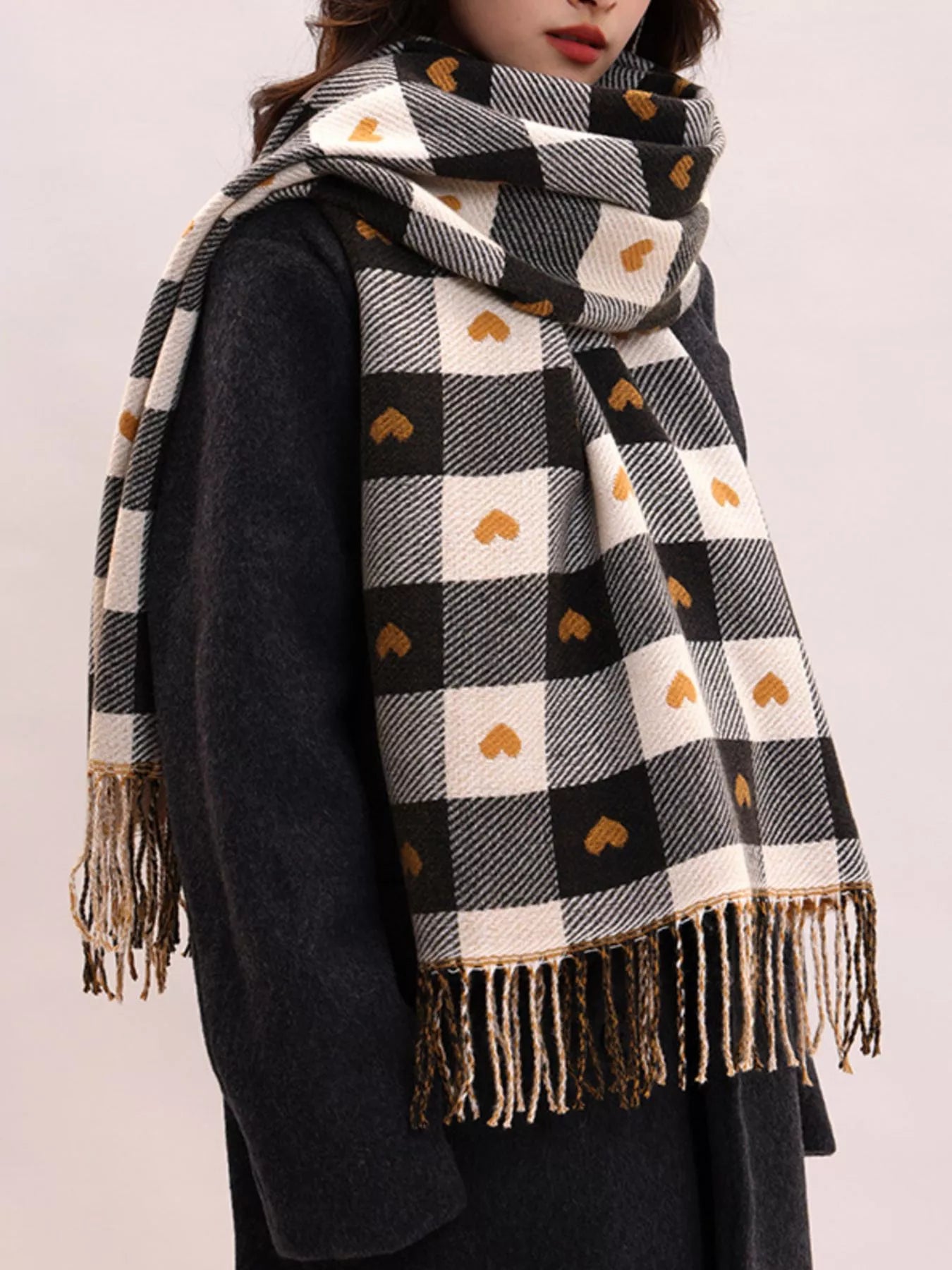  Heart Pattern Plaid Tassel Scarf Goddess Copper heart pattern plaid scarf with tassel fringe ends

