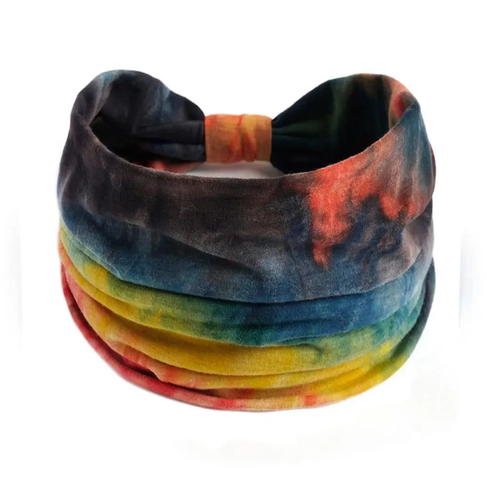 Multicolored tie-dye headband on a white background