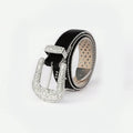 Black belt with silver buckle on a white background