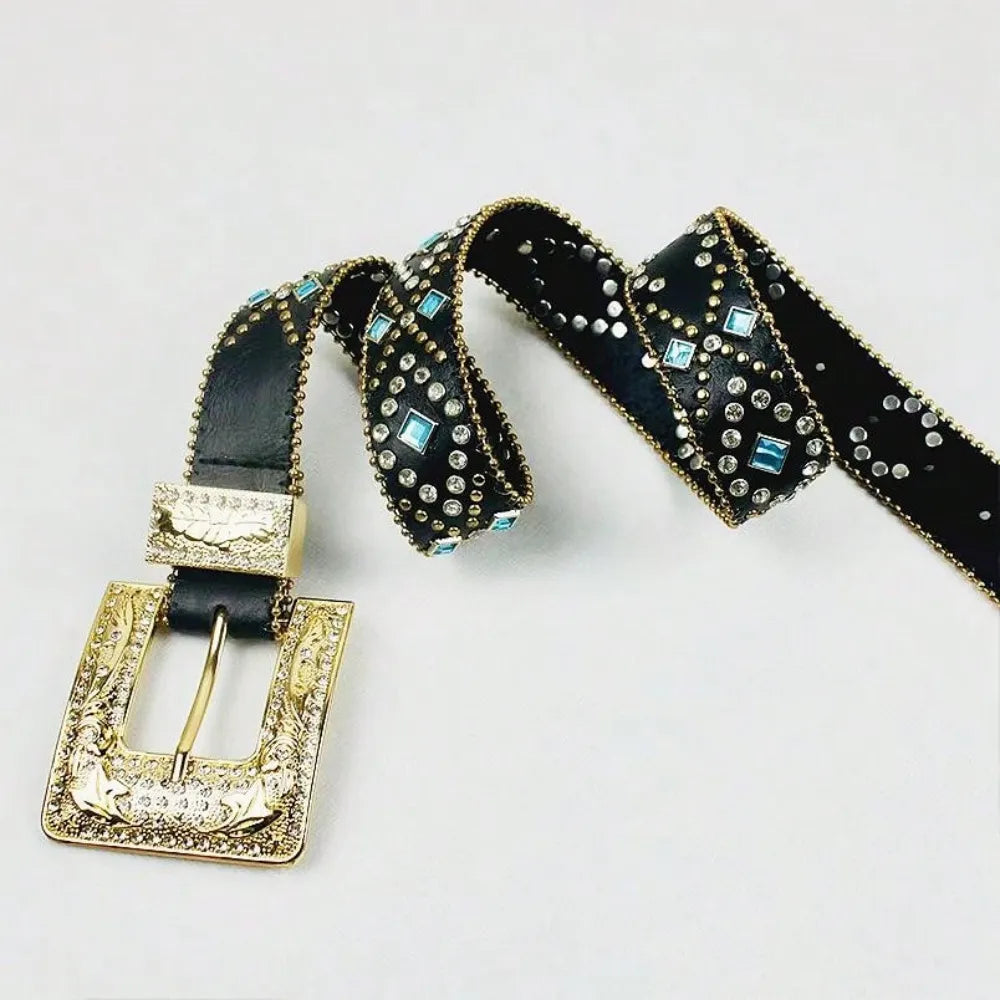  Rhinestone Inlaid PU Leather Belt Goddess Copper PU leather belt with subtle inlaid rhinestone detail

