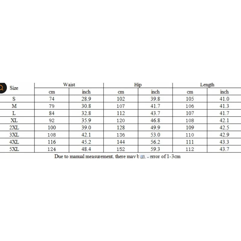 Size chart for waist, hip, and length measurements in centimeters and inches.