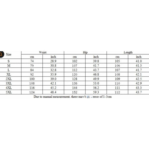Size chart for waist, hip, and length measurements in centimeters and inches.