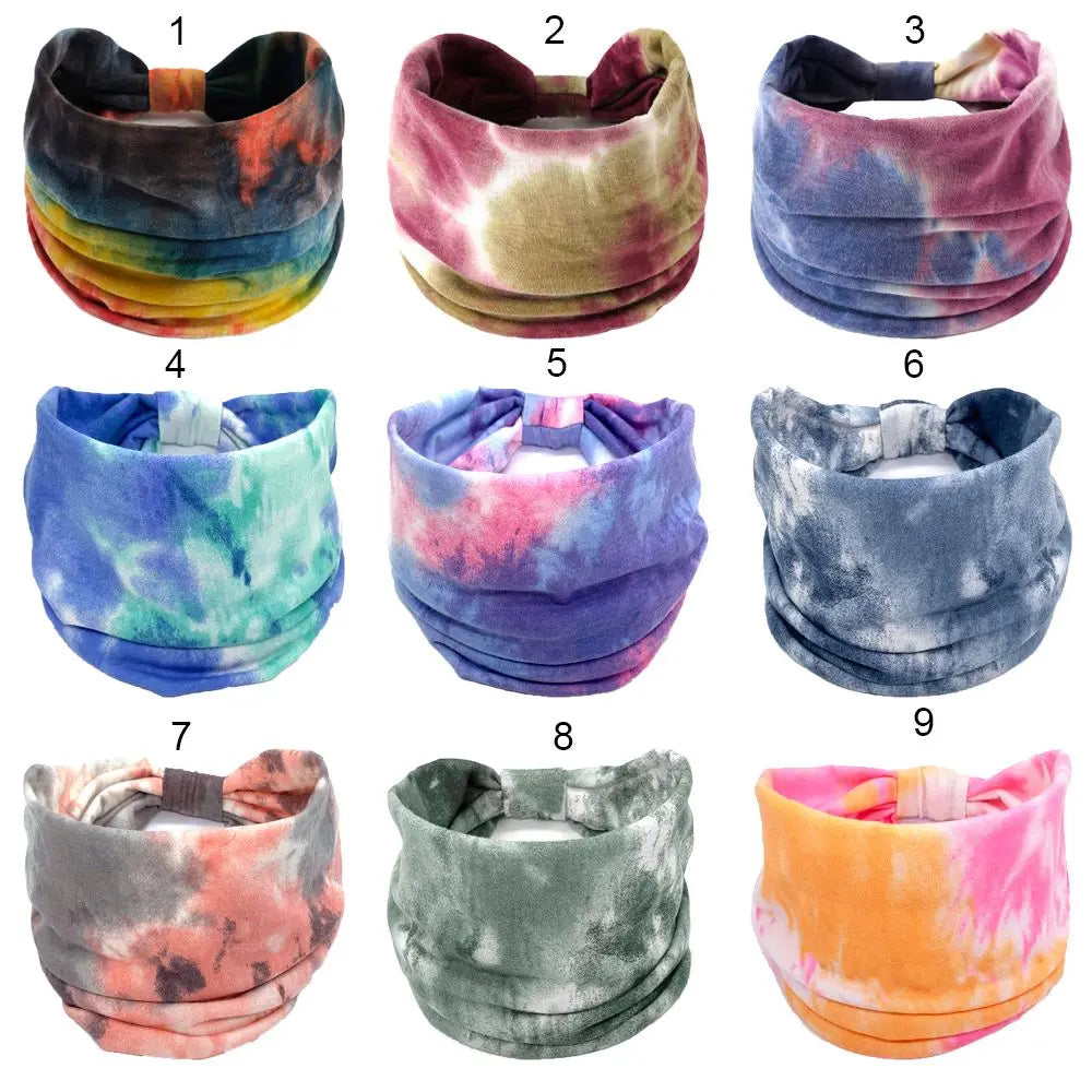 Nine tie-dye headbands in various colors and patterns.