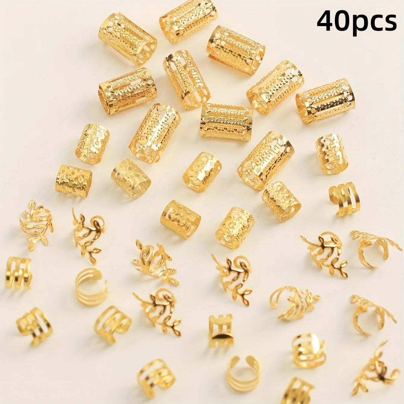 Collection of gold beads and small jewelry pieces on a light background with '40pcs' text.