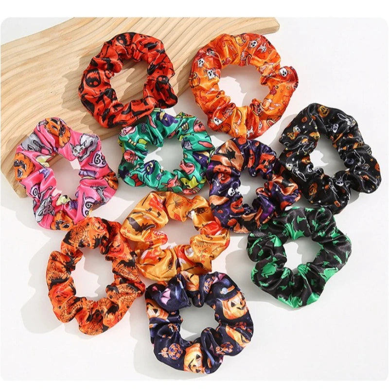 Goddess Copper Halloween Hair Scrunchies – 10-Pack Pumpkin Ghost Spider Web Ties