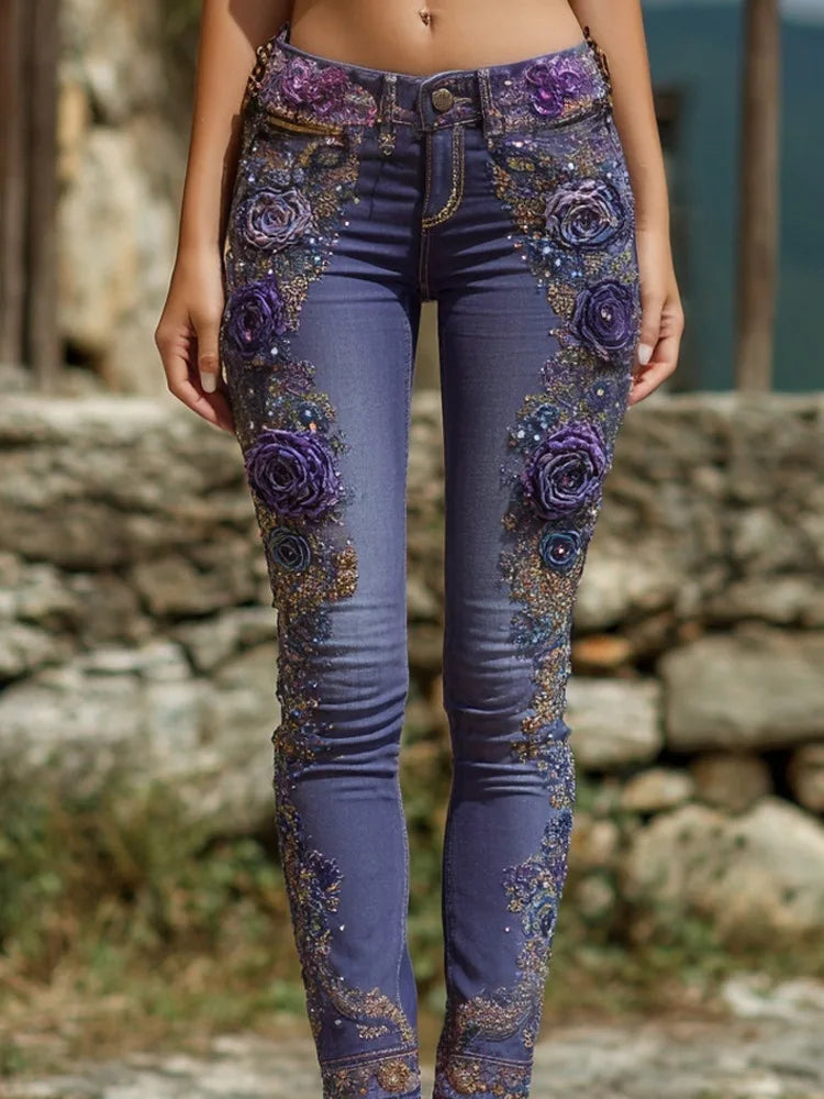 Purple jeans with floral embellishments worn by a person against a stone wall background