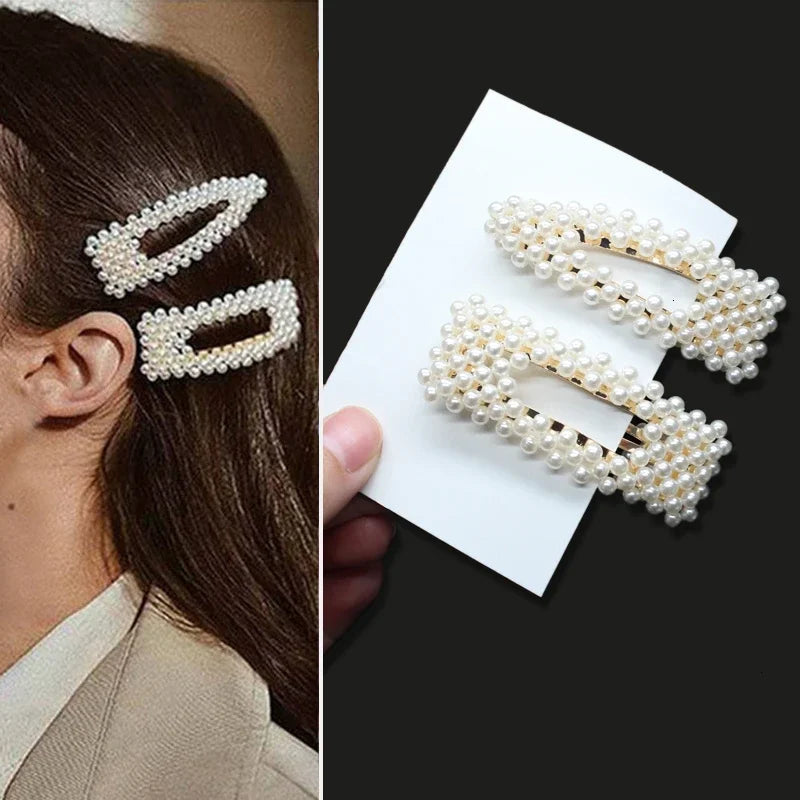 Pearl hair clips worn in hair and on a black background
