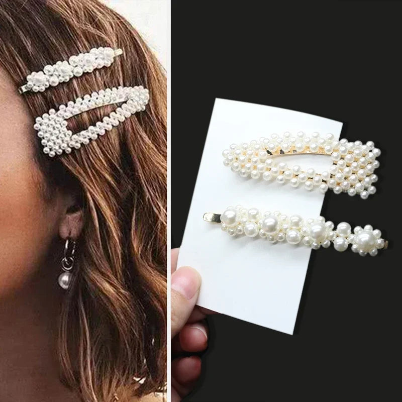 Pearl hair clips worn and displayed on a card