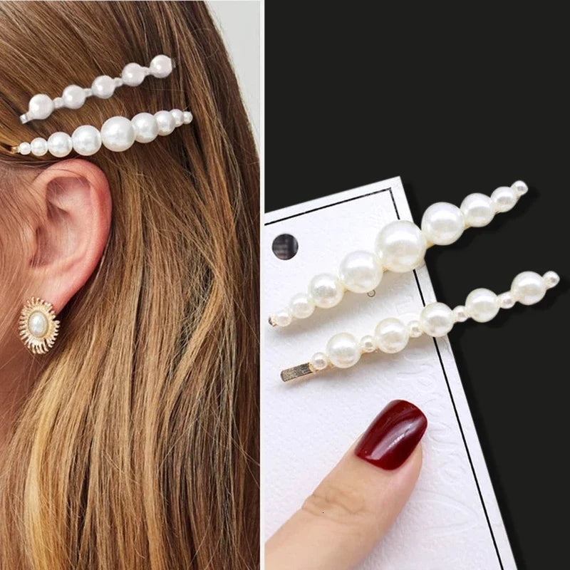 Pearl hair pins worn in hair and on a white card with a black background