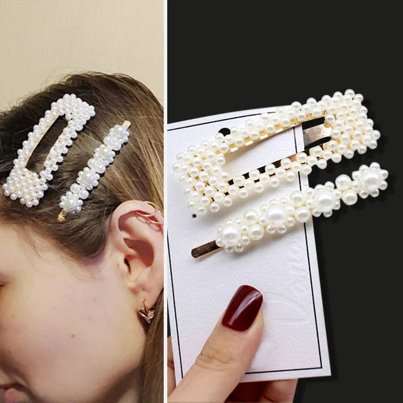 Pearl hair clip worn by a person and on a card