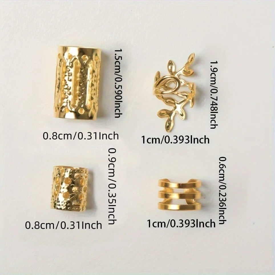 Gold jewelry components with measurements on a white background