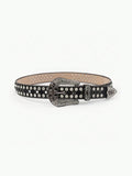Black studded belt with a silver buckle on a white background
