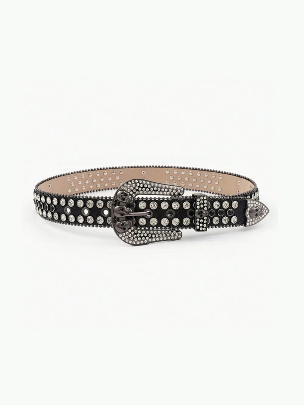 Black studded belt with a silver buckle on a white background