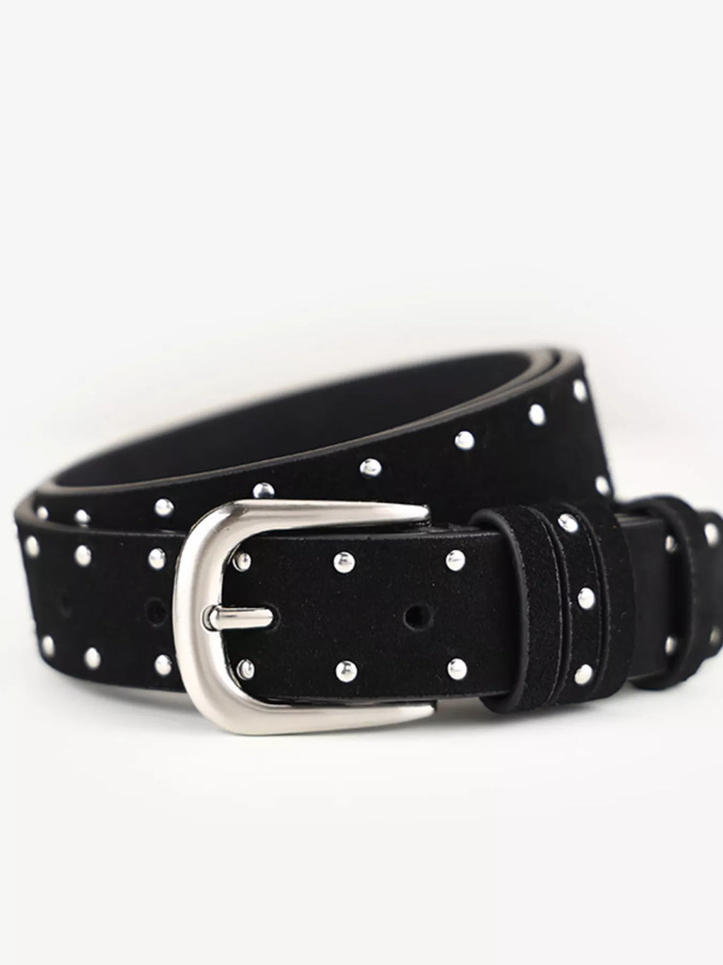 Black belt with silver studs and buckle on a white background