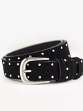 Black belt with silver studs and buckle on a white background
