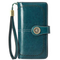 Teal leather wallet with decorative clasp and wrist strap on a white background