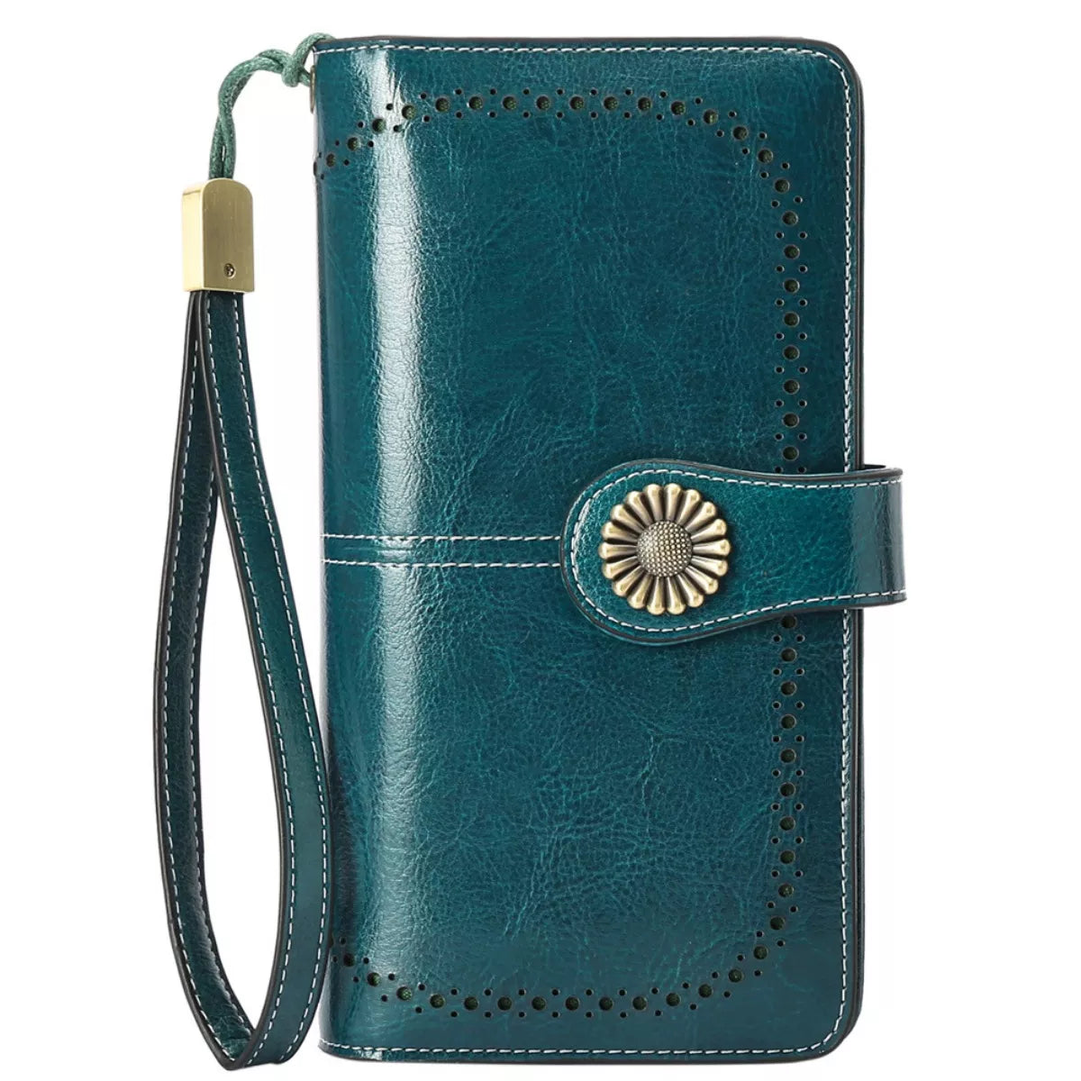 Teal leather wallet with decorative clasp and wrist strap on a white background