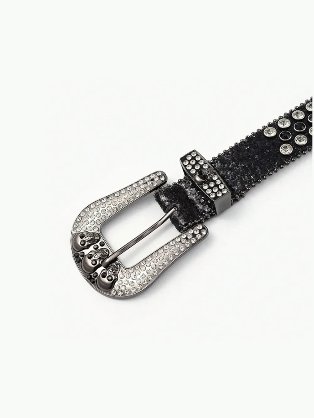 Black studded belt with silver buckle on a white background