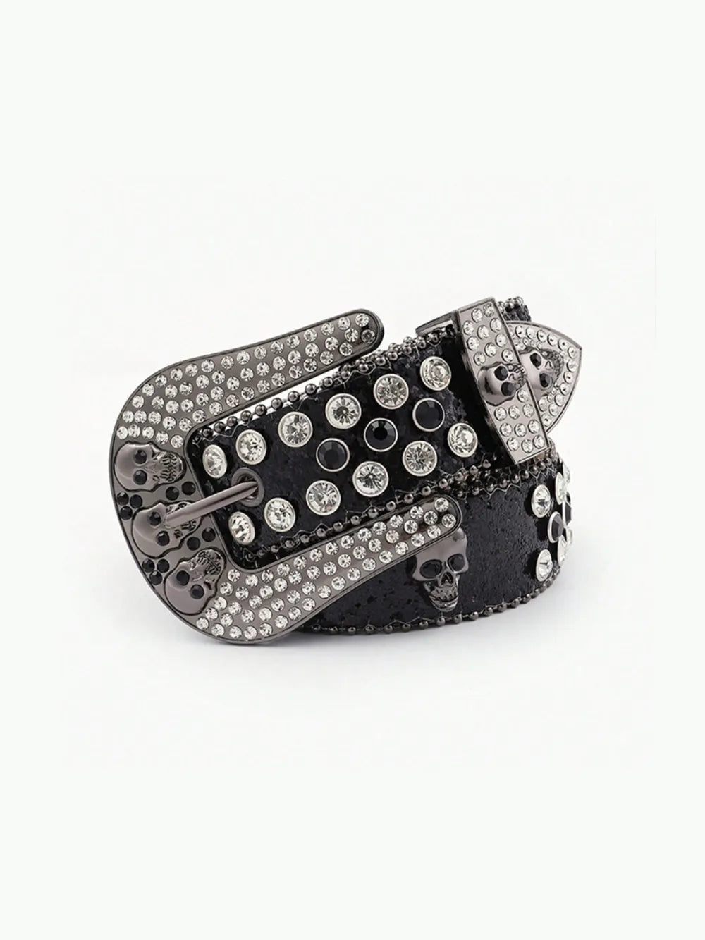 Black belt with silver studs and skull design on a white background