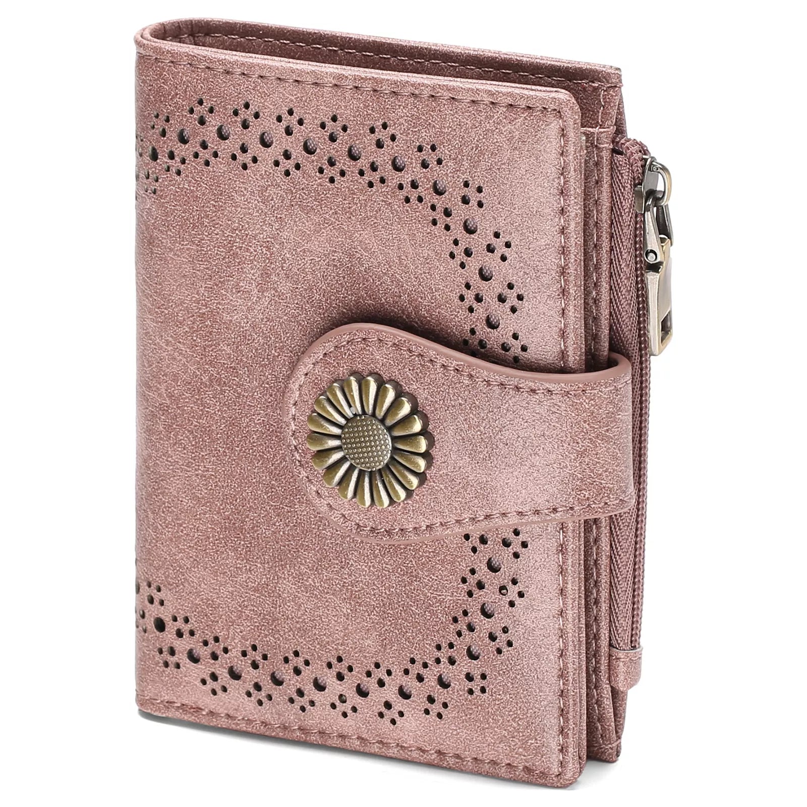 Pink wallet with floral design on a white background