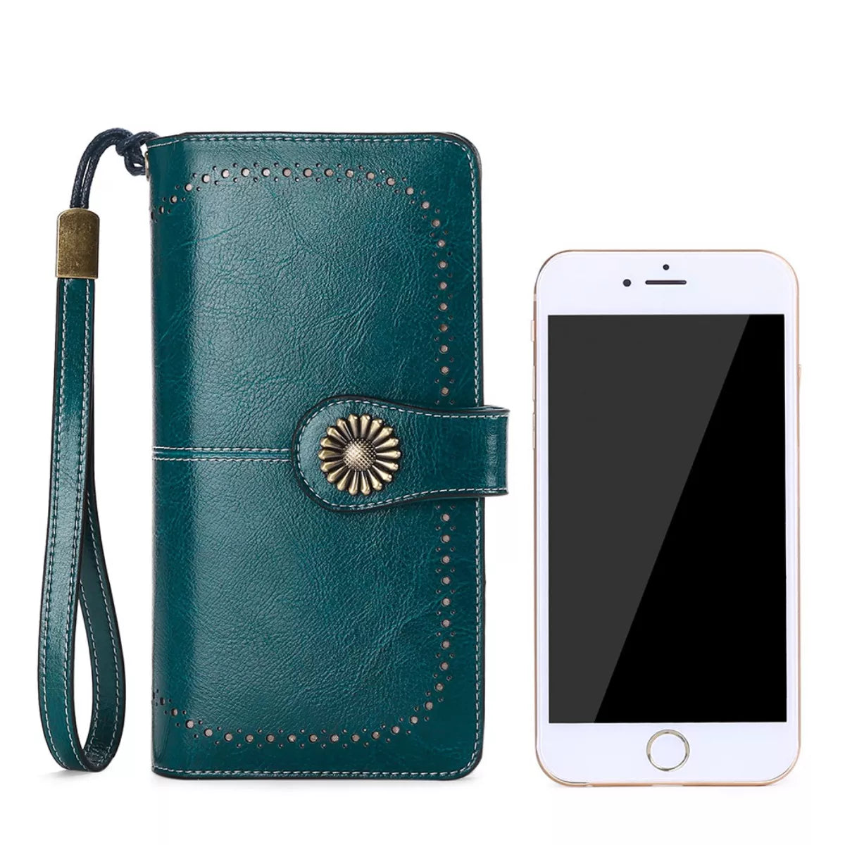 Teal wallet case with decorative button and strap next to a smartphone on a white background