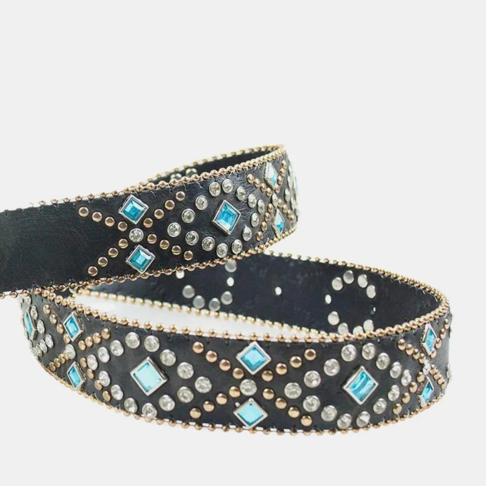  Rhinestone Inlaid PU Leather Belt Goddess Copper PU leather belt with subtle inlaid rhinestone detail

